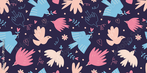 Seamless pattern with cute birds and hearts on a dark background, cartoon style. Dove of peace, no war and freedom concept. Trendy modern vector illustration, hand drawn, flat