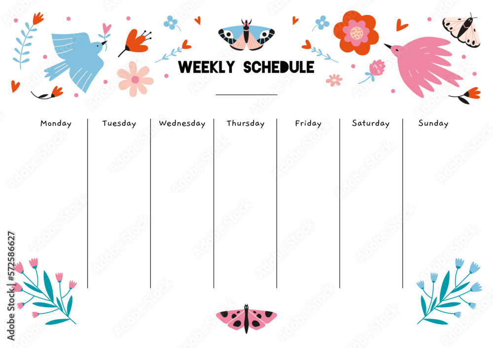 Cute weekly schedule template with spring vibe, birds, butterflies, flowers, cartoon style