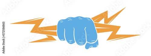 Fist with lightning. Hand holding thunderbolt. Power in hand. Abstract logo design. Vector illustration.