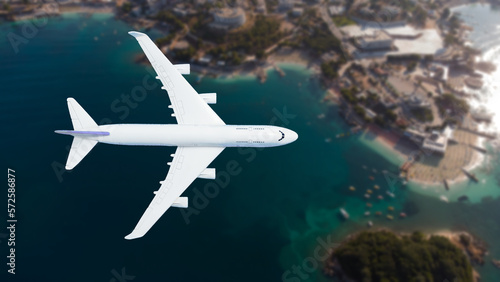 Wallpaper Mural Airplane flying over beach with palm tree, white sand and turquoise ocean Torontodigital.ca