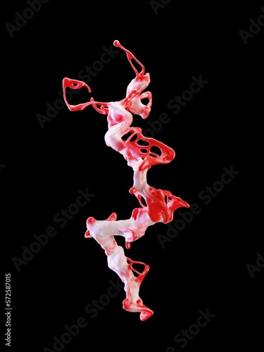 Abstract 3d fluid splash, red and white flow, colored 3d render, liquid abstraction on a black background, cocktail, milk