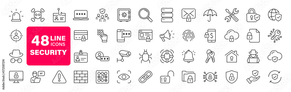 Security set of web icons in line style. Cyber Security and internet protection icons for web and mobile app. Password, security system, finger print, spy, electronic key and more. Vector illustration - obrazy, fototapety, plakaty 