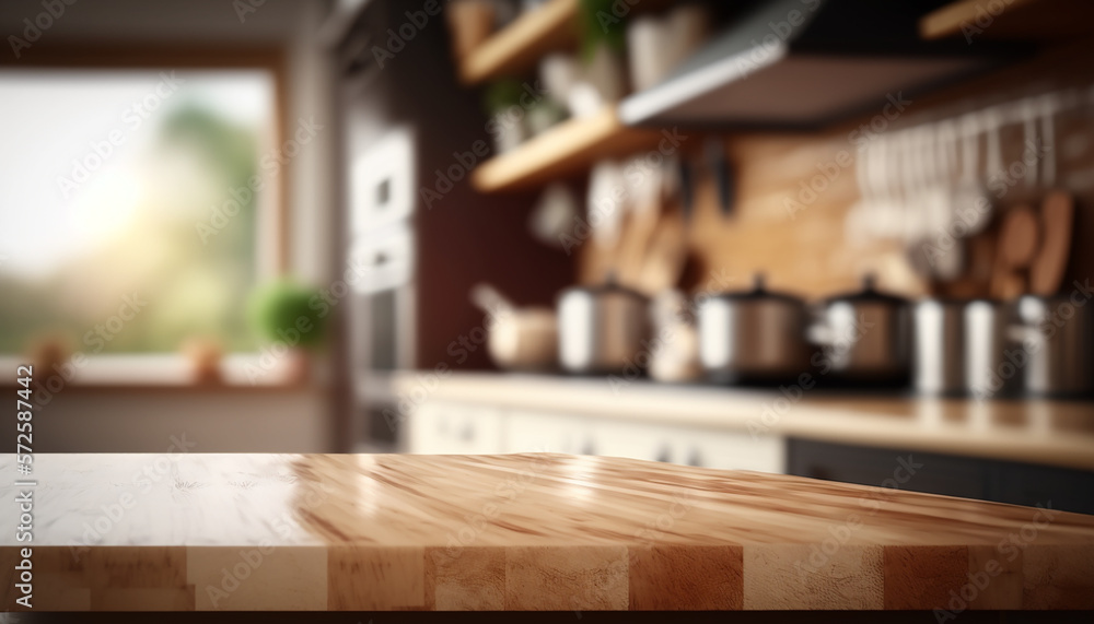 Table en bois sur un fond flou de pièce de maison abstraite, cuisine, intérieur, mockup (AI)	
