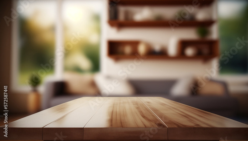 Table en bois sur un fond flou de pièce de maison abstraite, salon, intérieur, mockup (AI) 