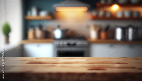 Table en bois sur un fond flou de pièce de maison abstraite, cuisine, intérieur, mockup (AI) 