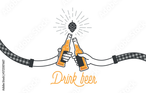 Two hands holding two beer bottles. Clinking glasses in plaid shirt. Party celebration in a pub. Isolated vector illustration of two drunk person drinking beer on white background. Cheers mate.