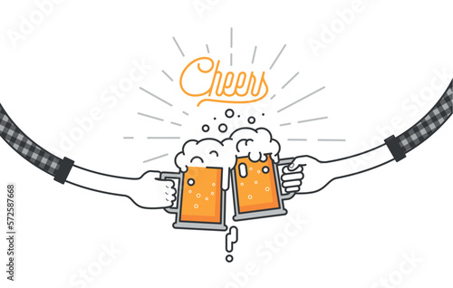 Flat isolated vector illustration of drinking beers, cheers, clinking glasses, party. Two friend are drinking beers in plaid shirts. Party celebration in a pub on white background. Cheers mate.