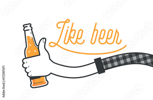 Like beer vector illustration and typography design. Hand holding a glass of beer in plaid shirt. Facebook like with beer bottle, social media. Drink beer in a pub on summer days. Clean flat design