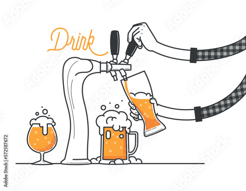 Beer tapping in a bar or restaurant. The guy is wearing a plaid shirt. three glass of beers minimal vector illustration, line design. Drink ale or cold foamed craft beer.  3 different type of glasses