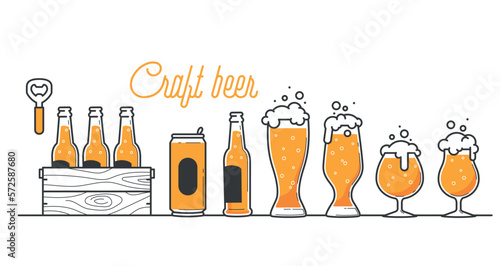 Beer glass, bottle and can types. Craft beer calligraphy design and minimal flat vector illustration of different type of beers. Six pack in a wood box. Oktoberfest equipment. Restaurant illustration