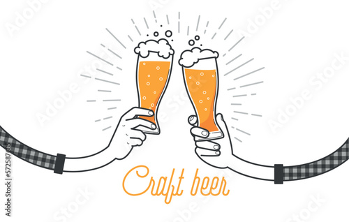 Drink craft beer with a friend, clink glasses. Two hands holding two glasses of beers in plaid shirt. Vector illustration, isolated on white background. Menu or restaurant illustration design