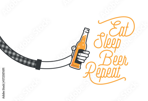 Eat sleep beer repeat calligraphy design and a hand holding a glass of beer in plaid shirt vector illustration. Cheers mate. Pub or restaurant decoration design. Cold beverage for drunk people