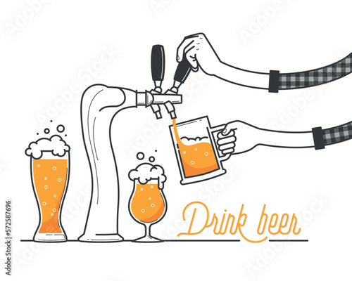 Beer tapping in a bar. Minimal oktobrfest celebration in Germany. Drink beer typography vector illustration on white background. Yellow beer and foam on holiday. Drink as much as you can. Cheers!