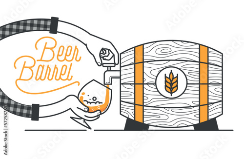 Beer tapping from wooden barrel minimal vector illustration. Line design. Wheat beer in a barrel for pub designs. Wooden barrel with a good drink and typo design. Open the tap and set beer free