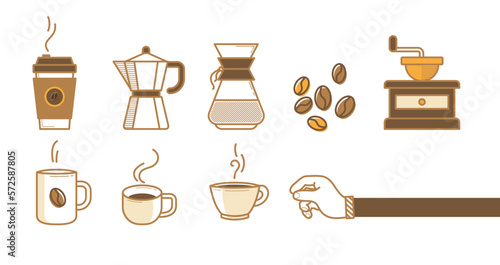Drinking coffee icons vector illustration on white background. Drink a cup of hot coffee set. Thin line icons, hand and beans in flat design