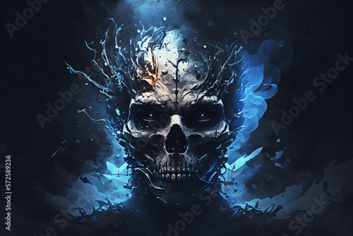 Human skeleton face, smoke, wallpaper, hd, premium digital file, blue, dark