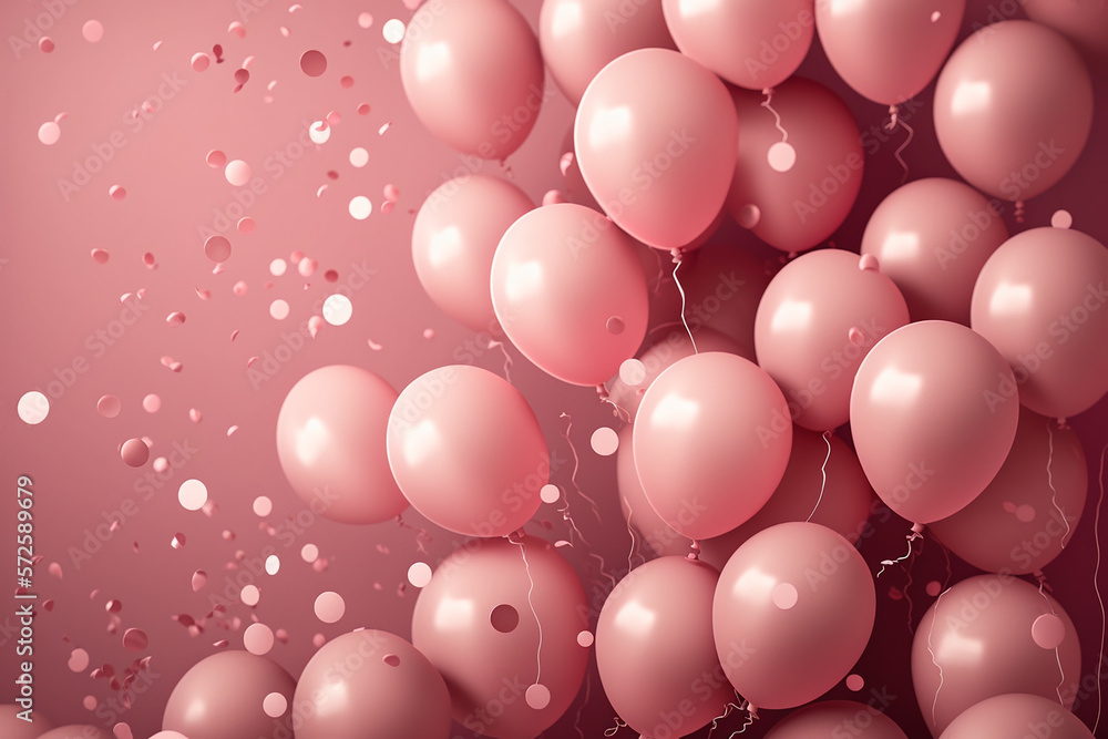 Balloons on the background. Pink balloons for the holiday, postcard. Generative AI.