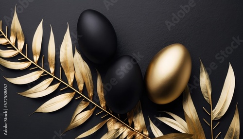 Gold and black eggs on black background. Generative AI
