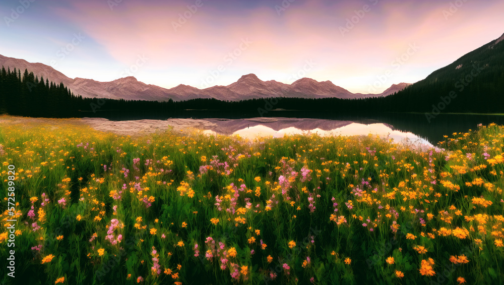 Picturesque Spring Wildflowers Blooming by Shore of Alpine Mountain Lake Landscape Scene With Golden Hour Pastel Sunset Sky and Light Clouds For a Peaceful Earth Day Produced By Generative AI