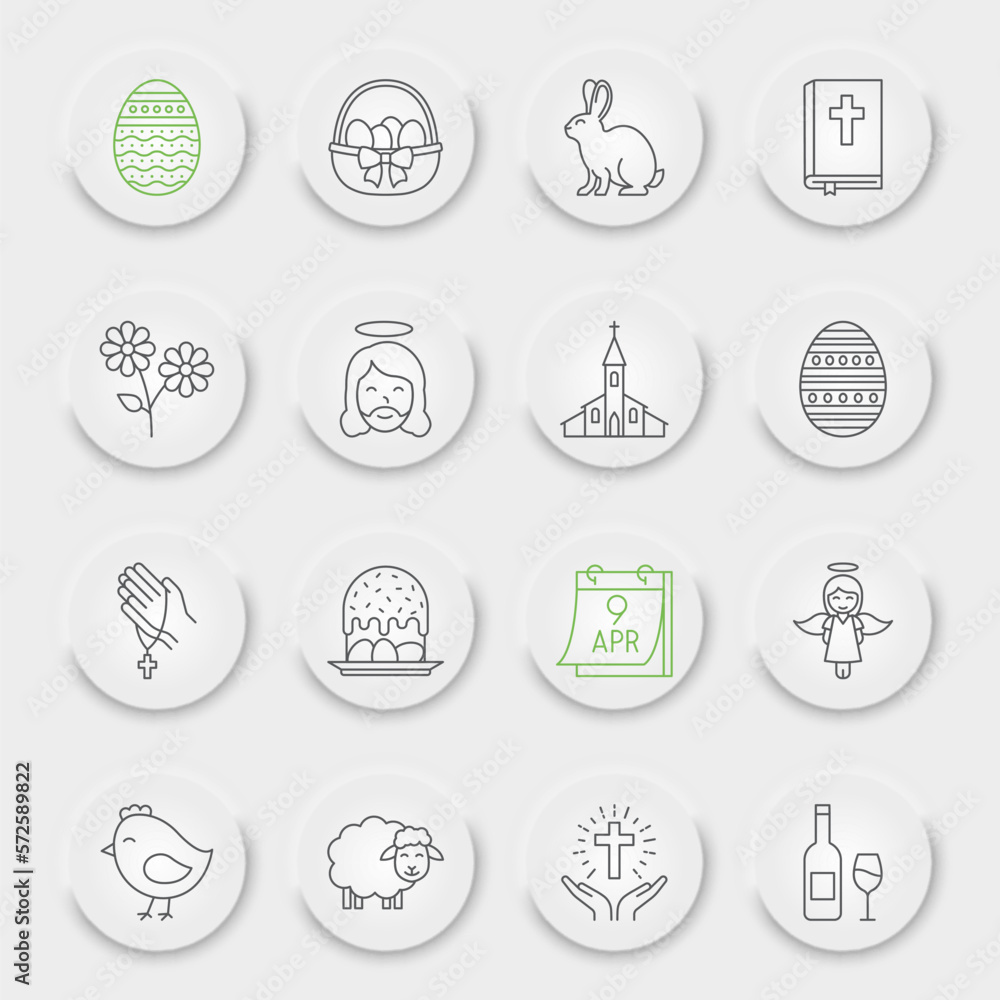 Easter line icon set, holiday collection, vector graphics, neumorphic UI UX buttons, Happy Easter vector icons, celebration signs, outline pictograms, editable stroke Easter line icon set, holiday collection, vector graphics, neumorphic UI UX buttons, Happy Easter vector icons, celebration signs, outline pictograms, editable stroke