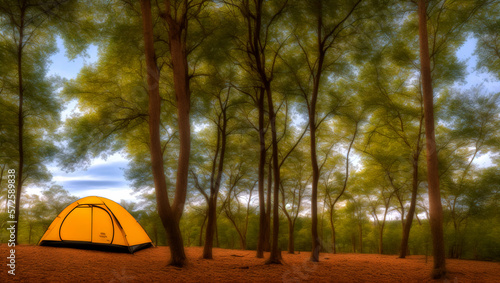 Solo One Yellow Tent in the Forest Campsite for Camping in the Wilderness Park For Adventure Recreation Vacation Living Remotely Offline Off the Grid in the Spring or Summer Produced by Generative AI