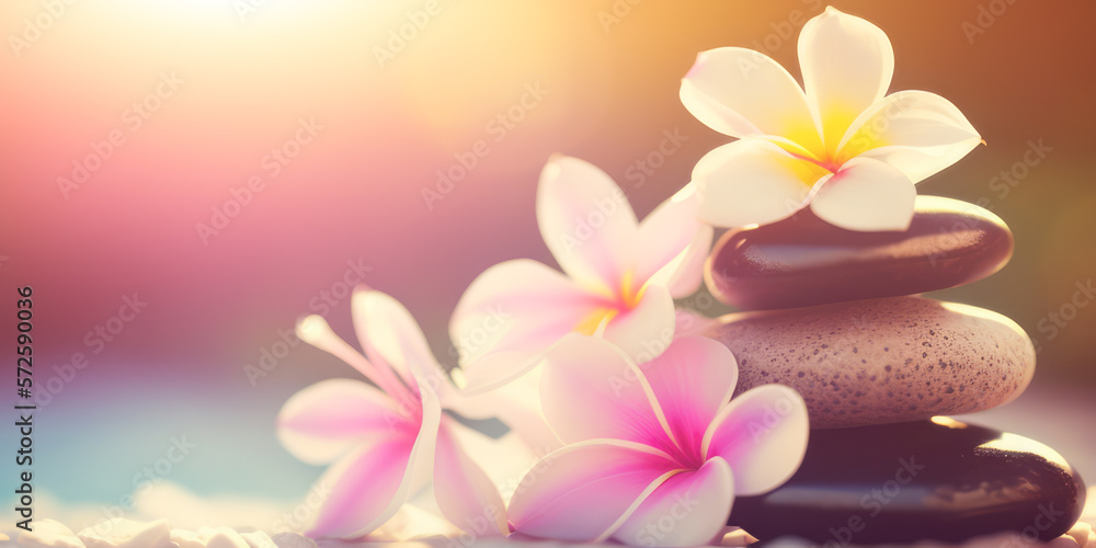 Fleurs de Tiaré Tahiti (Plumeria Frangipanier) et pierres empilées. Bannière zen spa relaxation. Concept Feng Shui. Ambiance salon de beauté massage. Atmosphère calme et reposante. Generative AI