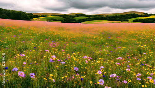 Picturesque Green Grassland Hills Landscape Scene Covered Abundantly by Wildflowers Under a Dark Overcast Sky With Dramatic Clouds For a Tranquil Spring and Earth Day Produced By Generative AI