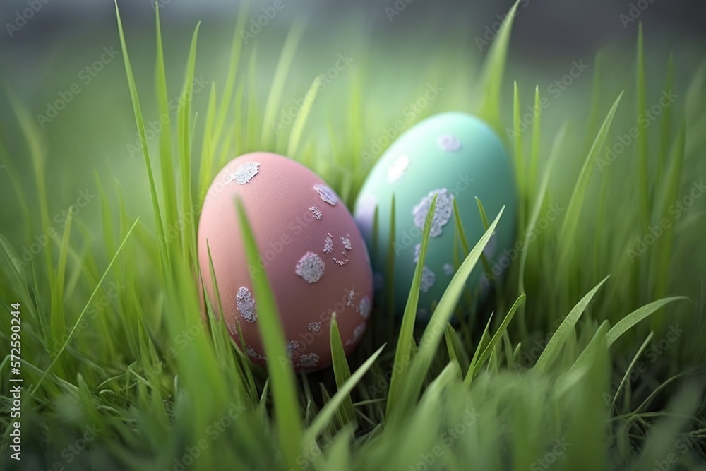 Fototapeta premium Easter eggs on green grass created with Generative AI technology