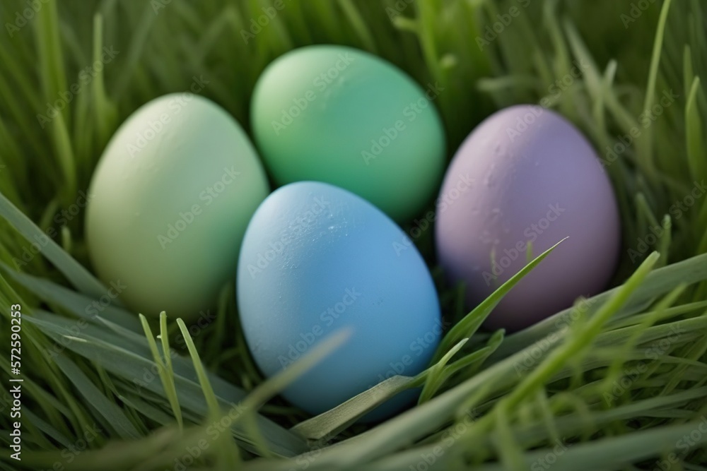 Many colorful easter eggs on green grass created with Generative AI technology Many colorful easter eggs on green grass created with Generative AI technology