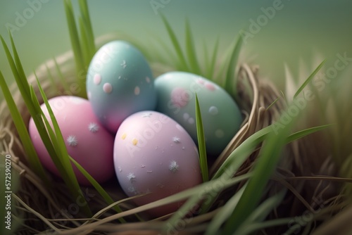 Many pastel colored easter eggs on green grass created with Generative AI technology