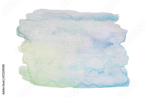 Abstract watercolor aquarelle background. Design element blue with green in light pastel shades. Natural ombré gradient with blurred water drops. Isolated on transparent background, png. 
