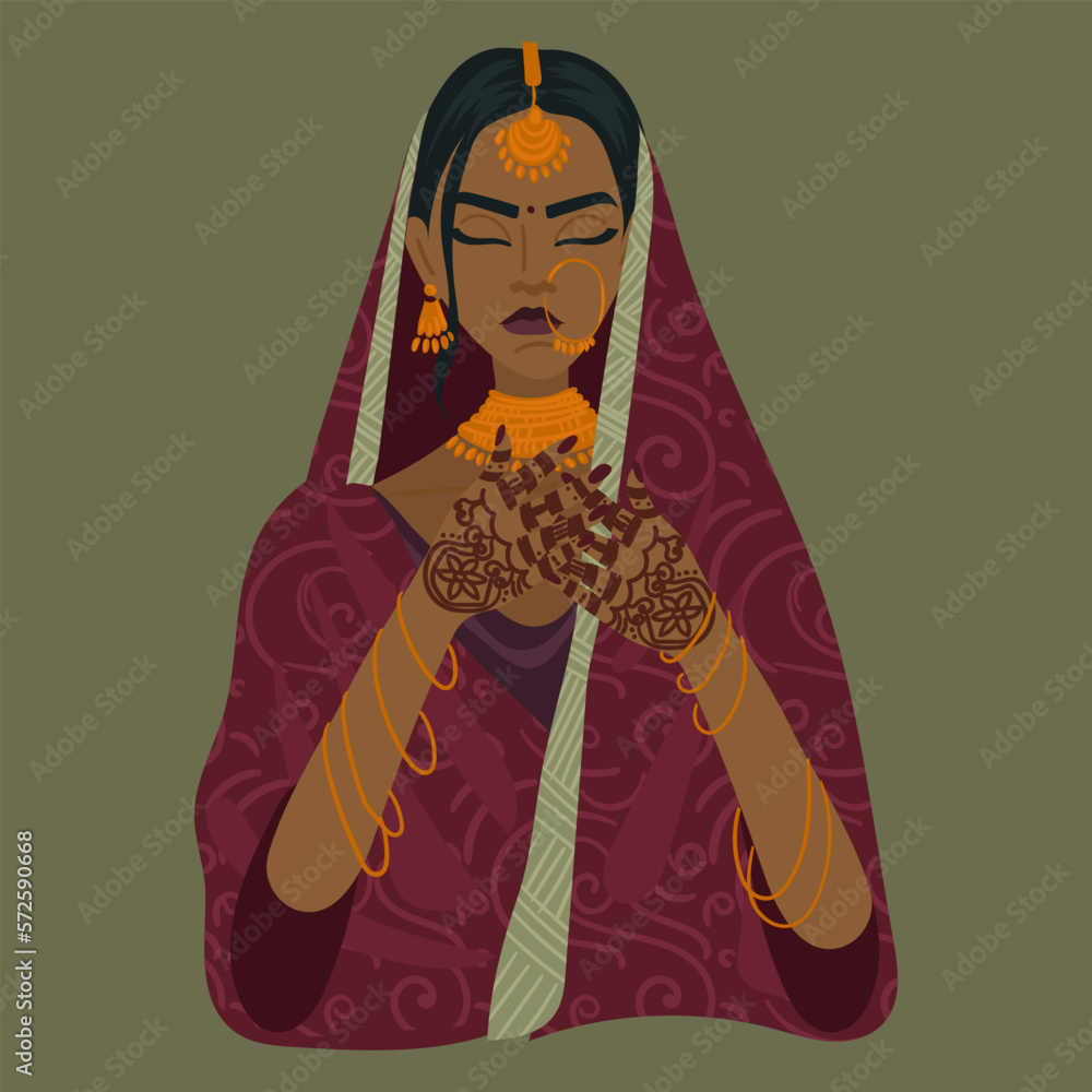 Illustration of an Indian girl in a traditional dress on a green