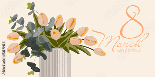 A bouquet of spring flowers in a vase by March 8. The tulips are pink with an inscription. Flat design. Hand-drawn fashionable vector greeting card. Printing on paper