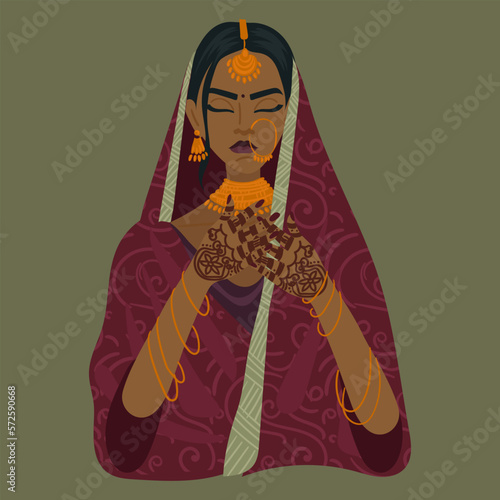 Illustration of an Indian girl in a traditional dress on a green background. An emotional serious Indian woman in a festive costume. Wedding