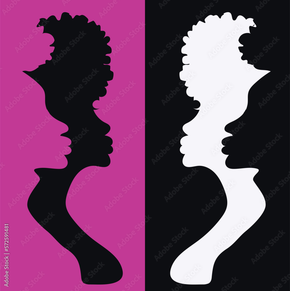 Black African Americans, silhouette. Man and woman. Profile. Symbols, ethnicity. Logo. business card. Poster, advertising. Digital graphic illustration. Sample 