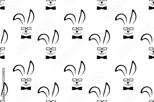 Seamless pattern with easter bunny. Creative endless background with black and white rabbit in bow tie and glasses. Gentleman bunny ornament.
