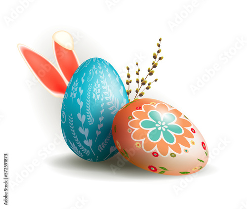 Easter eggs with rabbit ears and willow branch.