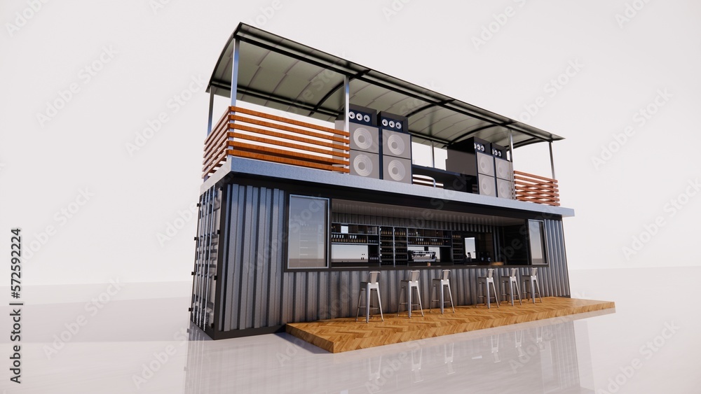 40 feet container 2 floors with Dj at the top 3d rendering realistic architecture illustration