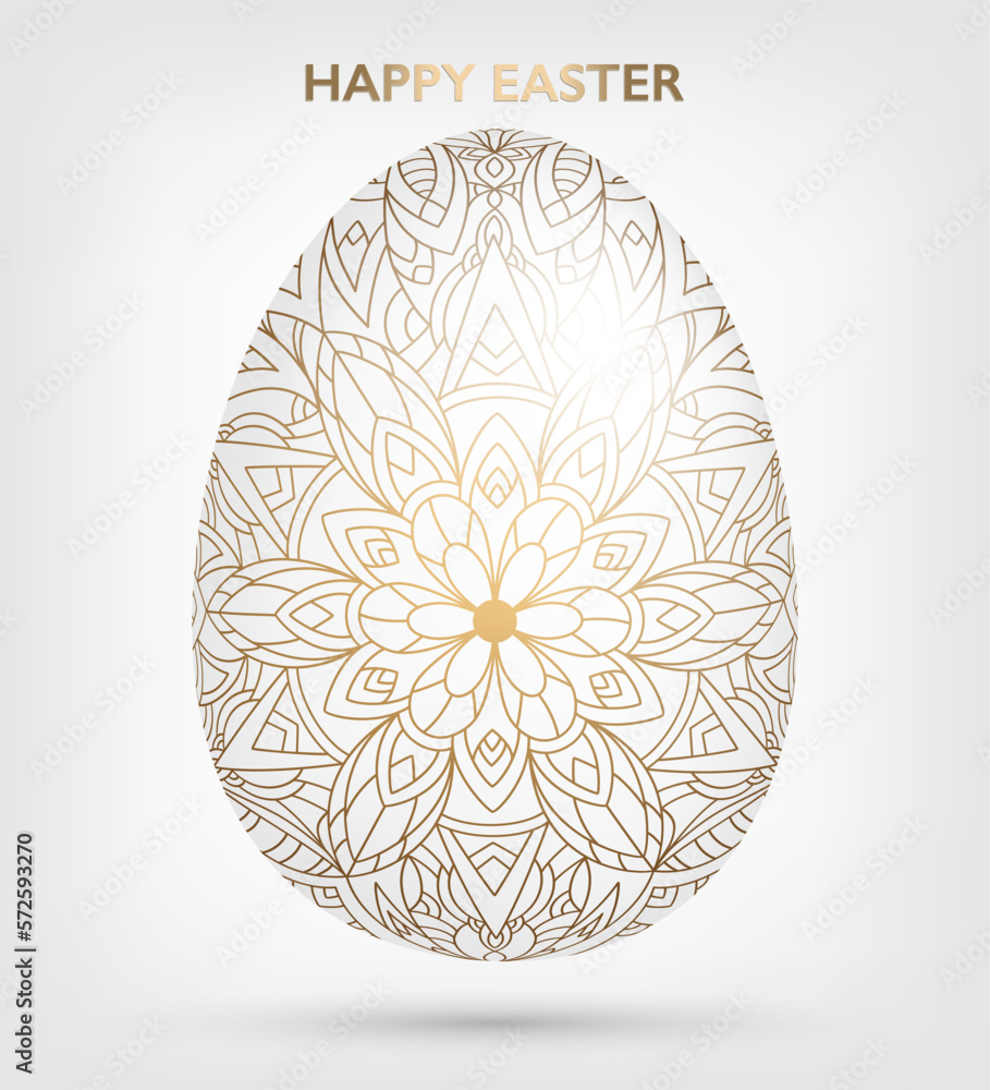 Decorative Easter white egg with golden patterns, mandala. Traditional ornamental floral spring egg. Abstract geometric vector illustration for Easter holiday, greeting card, invitation, web design