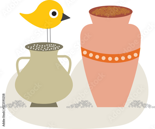 А вird on clay jars eating grain.
