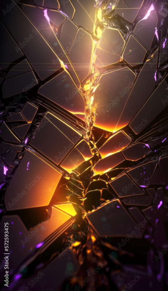 Fototapeta premium Cracked Metallic Surface with orange glowing Lights. Generative AI.