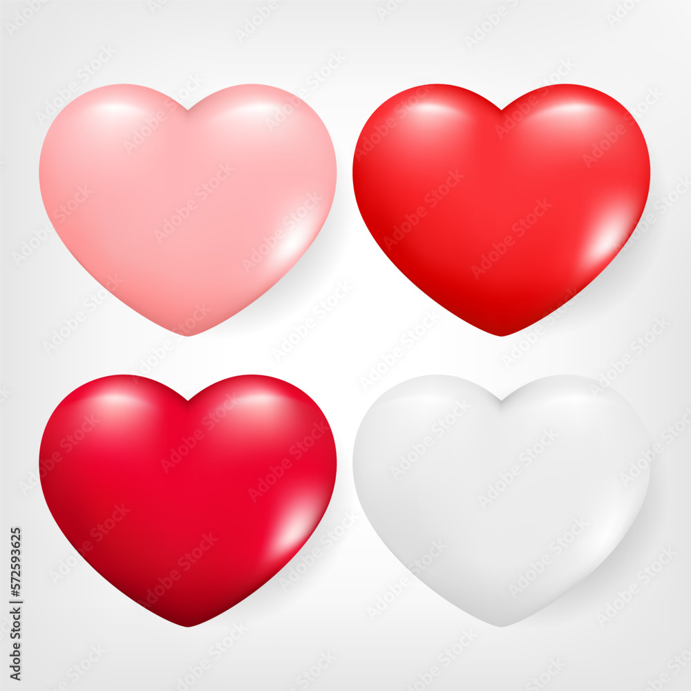 Hand drawn set of realistic 3d hearts. Decorative spring romantic icon love symbol. Valentines day collection of red, pink and white heart. Abstract vector illustration isolated on white background Hand drawn set of realistic 3d hearts. Decorative spring romantic icon love symbol. Valentines day collection of red, pink and white heart. Abstract vector illustration isolated on white background