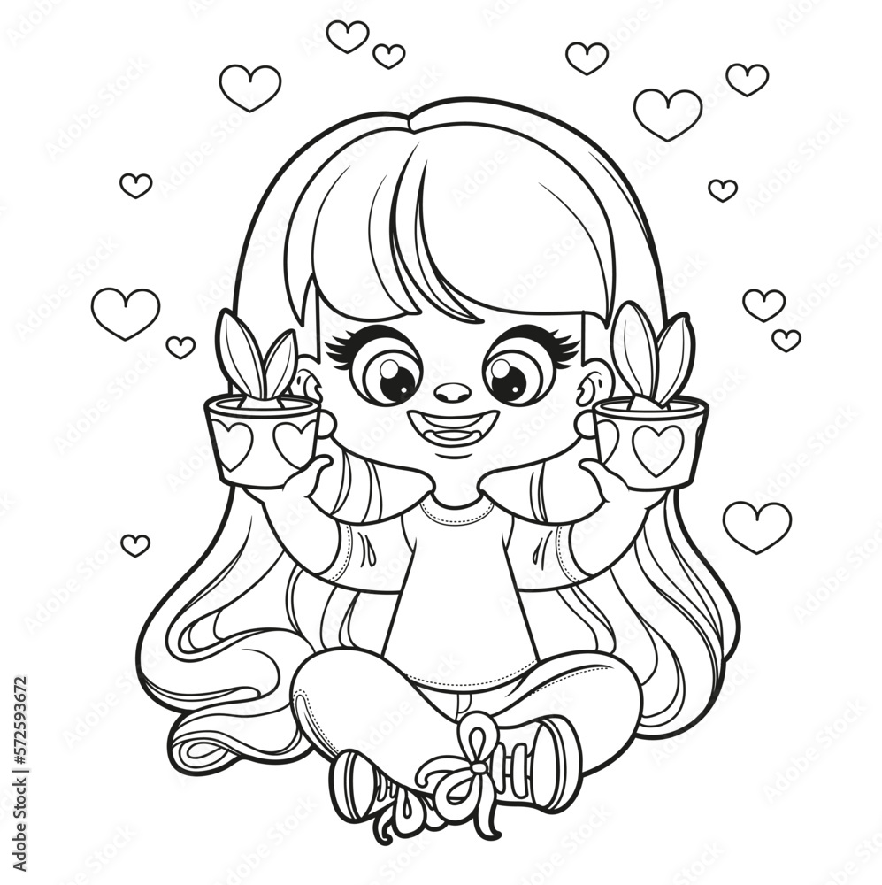 Cute cartoon long haired girl sits on a white background and shows two pots with germinated flower bulbs outlined Cute cartoon long haired girl sits on a white background and shows two pots with germinated flower bulbs outlined
