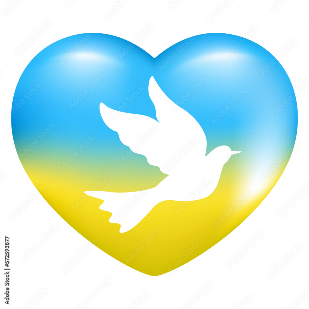 Hand drawn realistic 3d heart. Ukraine blue and yellow flag peace heart and dove bird. Symbol of peace and freedom of Ukraine. Abstract vector illustration isolated on white background Hand drawn realistic 3d heart. Ukraine blue and yellow flag peace heart and dove bird. Symbol of peace and freedom of Ukraine. Abstract vector illustration isolated on white background