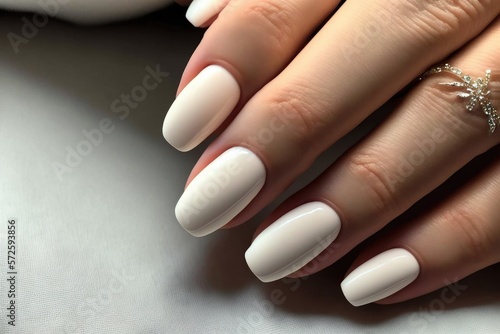 Close up beautiful woman nails white color. Skin care for hands, manicure and beauty treatment. Elegant and graceful hands with slender graceful fingers. AI generative