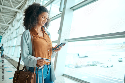Black woman at airport, travel with smartphone and flight, communication and check social media with smile. Notification, email or chat with tech, ready with plane ticket and happy for adventure