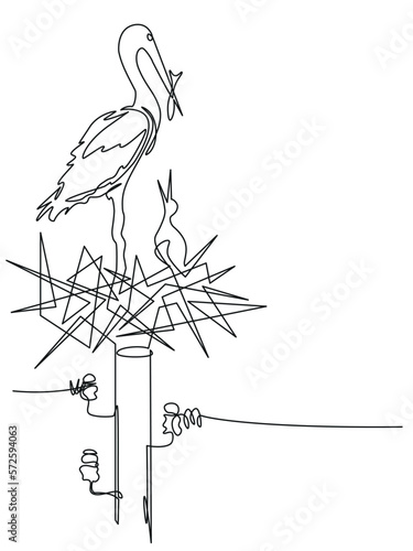Stork feeds a chick in a nest on a electrical pole. Editable vector minimalistic black and white image made in continuous one-line art technique