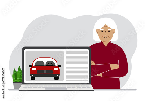 The concept of renting or buying a car. A grandma with a laptop on which site about the car.