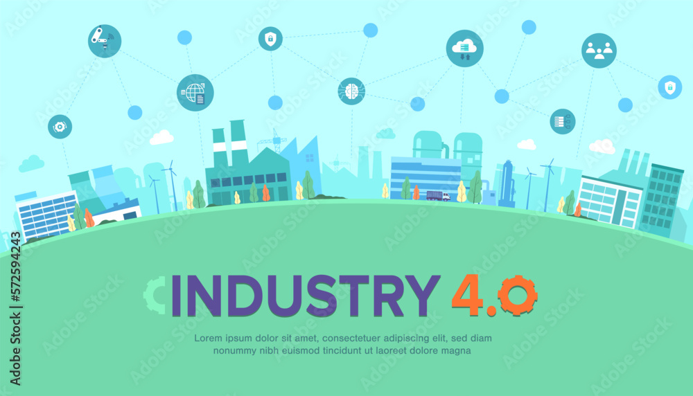 Fototapeta premium Industry 4.0 banner of productions icon set on Urban landscape