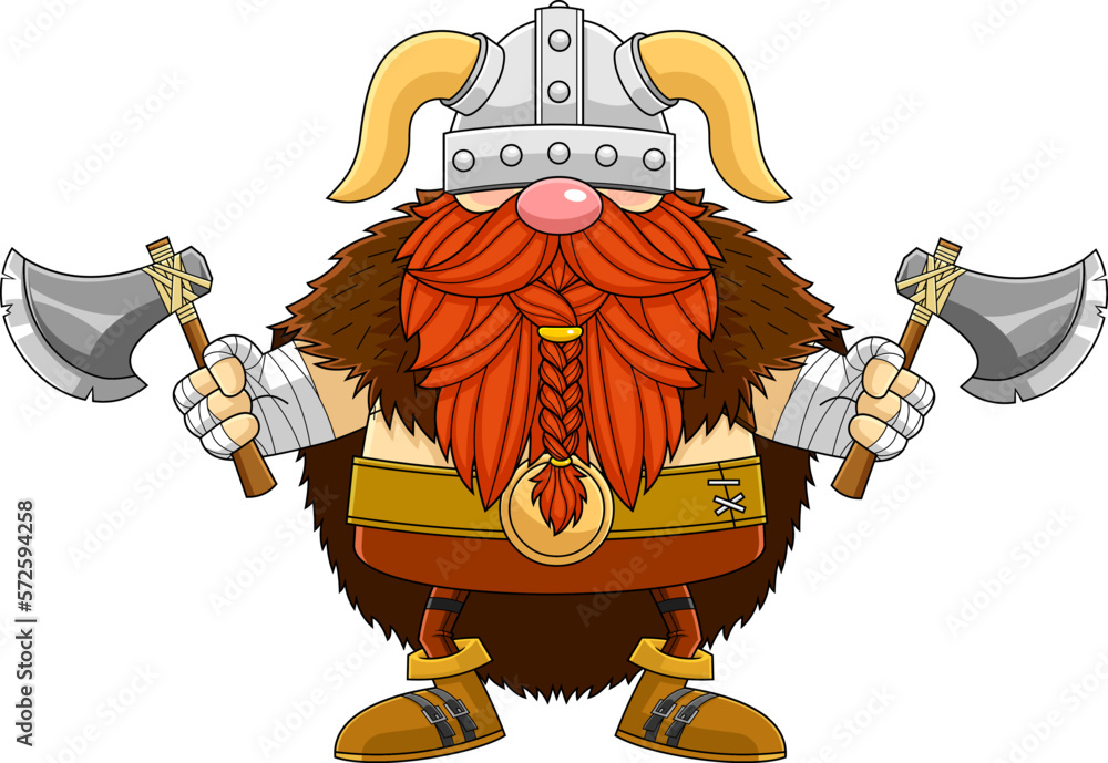 Gnome Viking Warrior Cartoon Character Holds Two Axes. Vector Hand ...